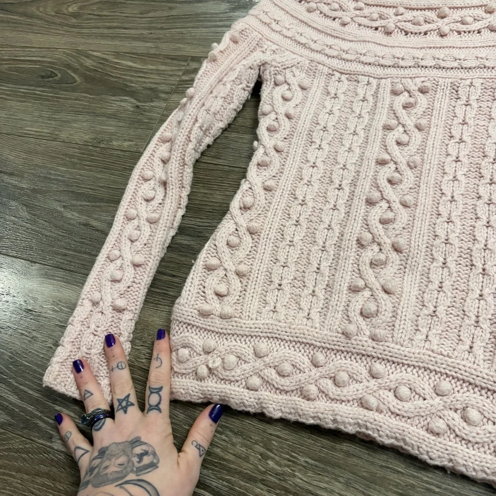 Y2K Vintage Moda International Wool Cable Knit Bobble Sweater (Ballet Pink) XS/S - Picture 4 of 7